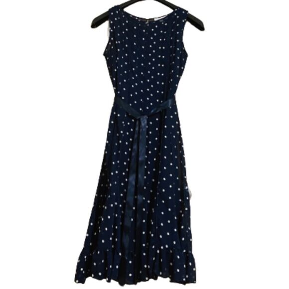 dressbarn Navy & White Sleeveless Polka Dot Pleated Dress w/ Waist Ribbon Tie - Picture 1 of 7